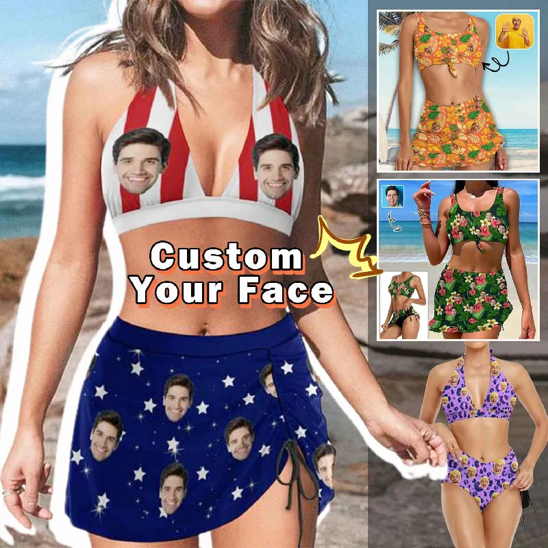 Convertible bikini that can be worn in multiple styles for versatilityCustom Face American Flag Halter Neck Bikini Set Personalized Drawstring Bikini Skirt