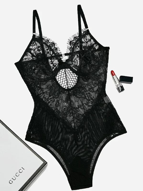 Ruffled Bodysuits with a Playful and Feminine TouchContrast Lace Sheer Teddy Bodysuit