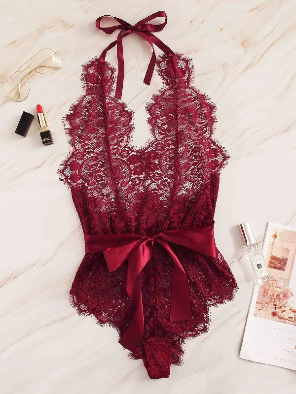 Seamless Bodysuits for a Smooth Underwear LookFloral Lace Halter Teddy Bodysuit