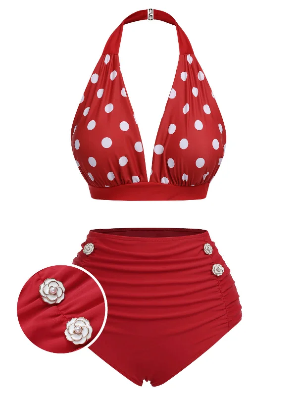 Monokini - style bikini with a unique one - piece - meets - bikini designRed 1950s Polka Dot Halter Separate Swimsuit