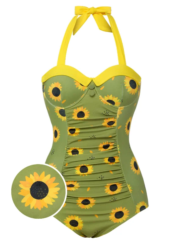 Floral - printed bikini for a feminine and colorful beach vibeGreen 1930s Sunflowers Halter Swimsuit