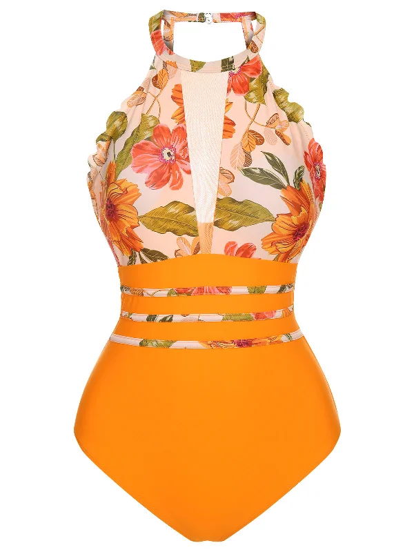 Sustainable bikini made from recycled materials for eco - conscious beachgoersOrange 1960s Halter Floral One-Piece Swimsuit