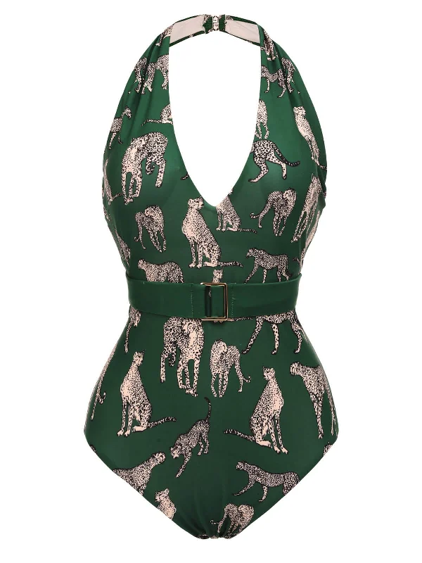 Monokini - style bikini with a unique one - piece - meets - bikini designGreen 1930s Jaguar Vintage Halter One-piece Swimsuit