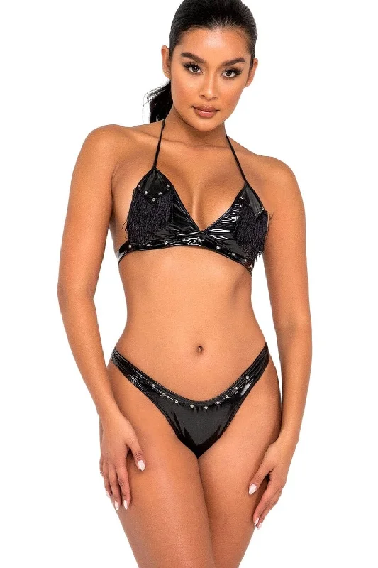 String bikini for a minimalistic and sexy beach styleStudded Vinyl Bikini Top with Fringe Detail