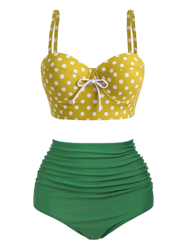 Monokini - style bikini with a unique one - piece - meets - bikini designYellow 1940s Polka Dot Bikini Set