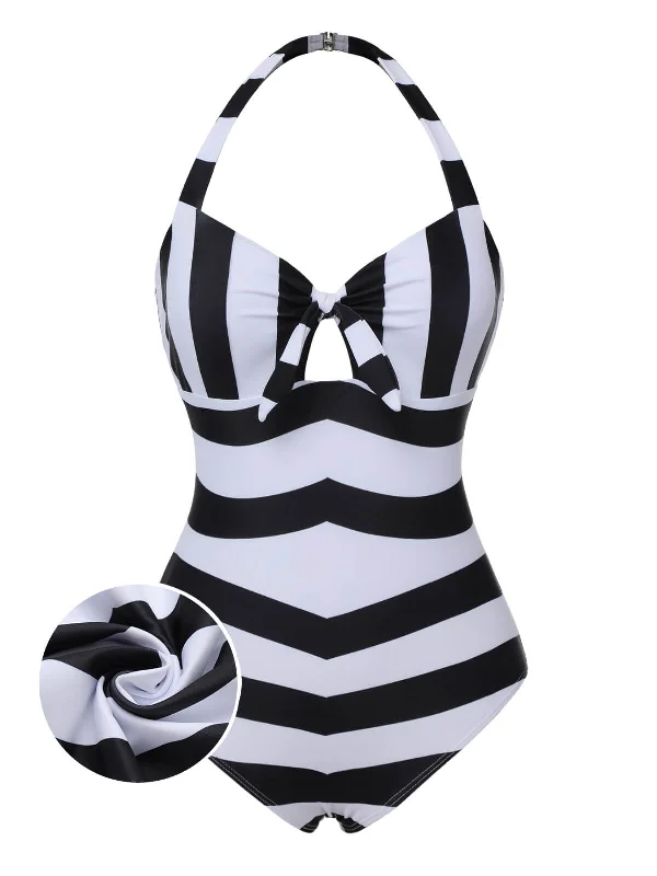 Striped bikini with a classic pattern for a timeless beach aestheticBlack & White 1950s Barbie Stripes Halter Swimsuit