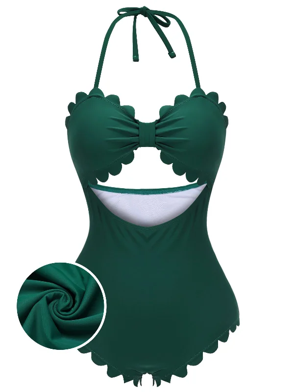 Striped bikini with a classic pattern for a timeless beach aestheticDark Green 1940s Solid Halter One-piece Swimsuit