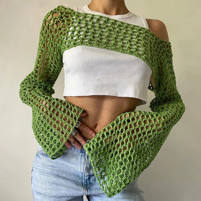 Cable - Knit Women Sweater with Intricate PatternsBoho Boat Neck Bell Sleeve Cutout Crochet Knit Super Crop Shrug Sweater