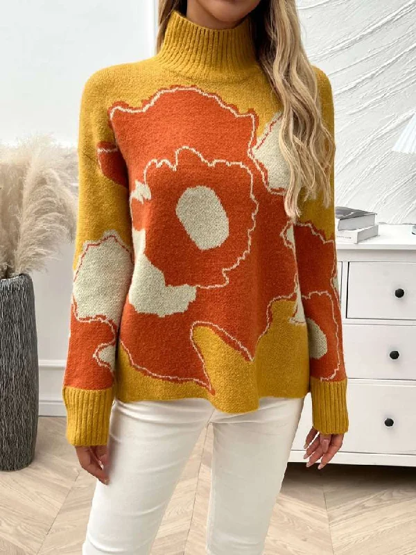 Turtleneck Women Sweater for a Classic and Elegant StyleColor Matching Floral Polo Neck Sweater