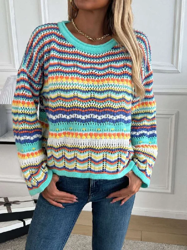 Sequin - Embellished Women Sweater for Special OccasionsContrast Color Striped Knitting Sweater