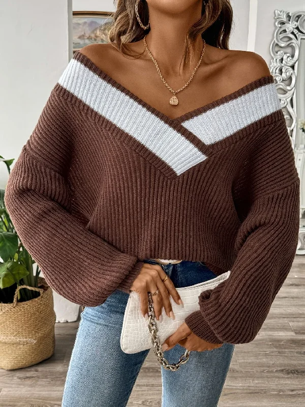 Turtleneck Women Sweater for a Classic and Elegant StyleContrast Dropped Shoulder Long Sleeve Sweater