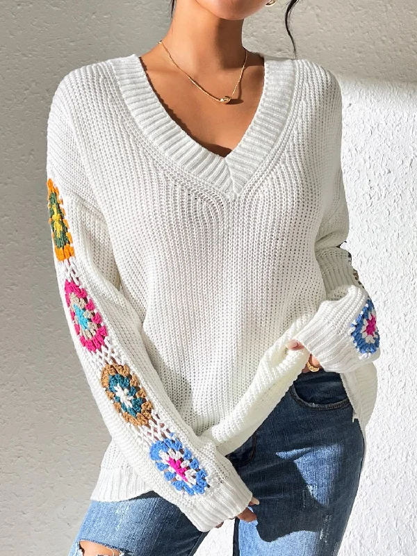 Chunky Knit Women Sweater for Winter WarmthCrochet Flower V-Neck Sweater