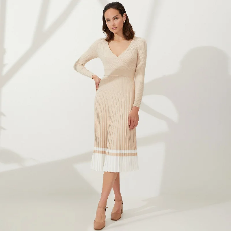 Hand - Knitted Women Sweater with Artisanal CharmFlirty V Neck Fit and Flare Pleated Contrast Striped Rib Knit Midi Dress