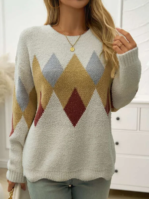 Long - Sleeve Women Sweater with Ribbed CuffsGeometric Jacquard Weave Loose Sweater