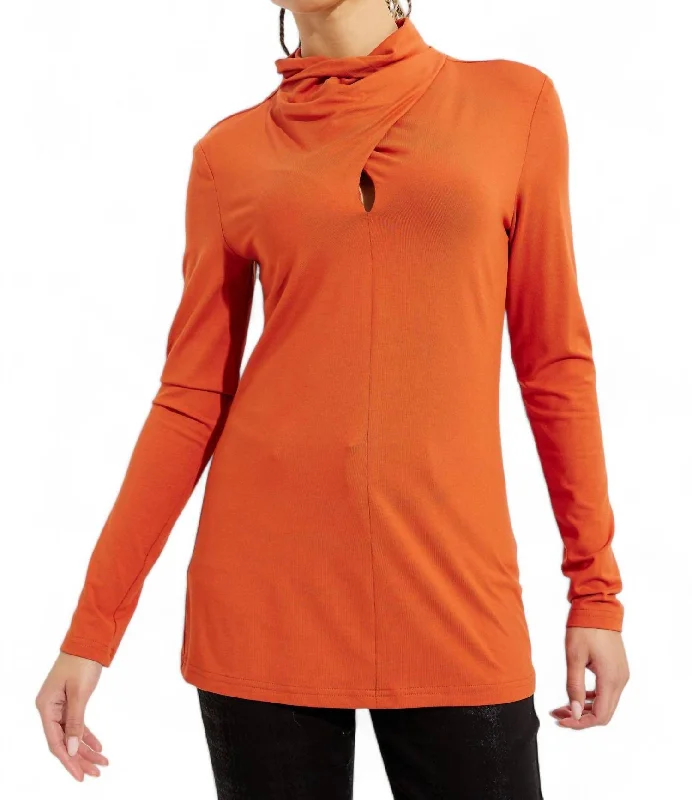 Turtleneck Women Sweater for a Classic and Elegant StyleMock Neck Long Sleeve Top In Tandoori