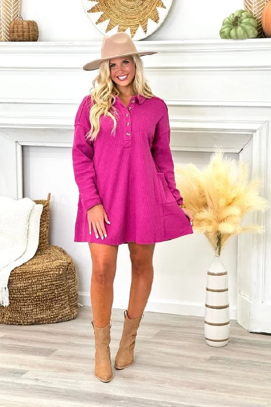 Hooded Women Sweater for Added Comfort and StyleMagenta Textured Long Sleeve Button Dress