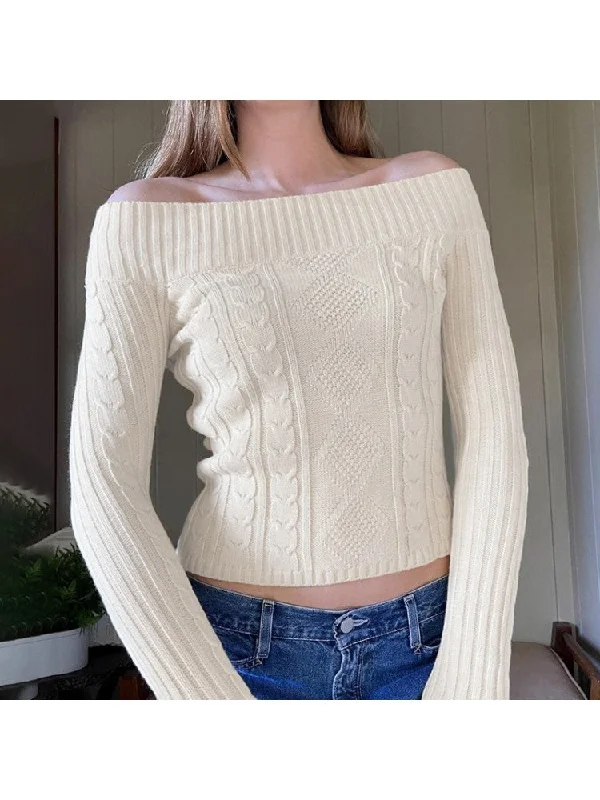 Cable - Knit Women Sweater with Intricate PatternsPatchwork Long Sleeve Off The Shoulder Sweater