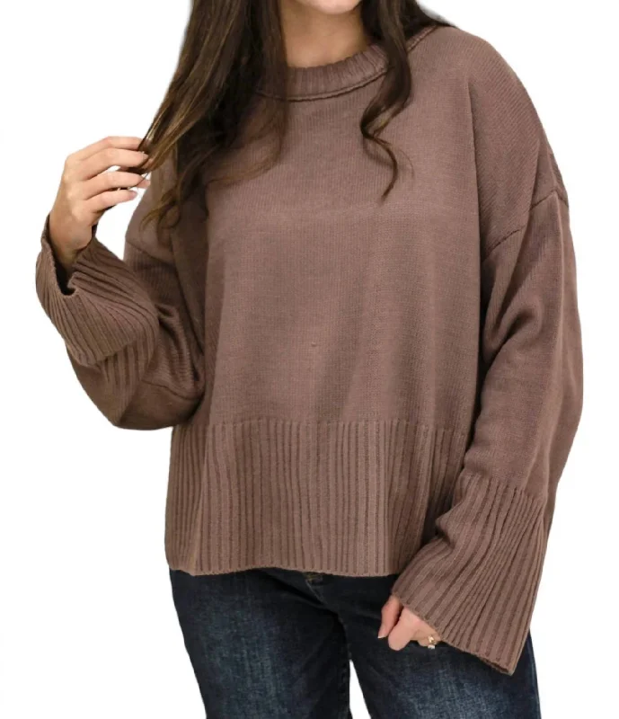 Organic Cotton Women Sweater for an Eco - Friendly ChoiceRib Knit Back Slit Sweater In Mocha