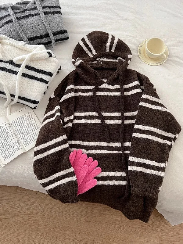 Button - Down Women Sweater for a Versatile Lookstriped hooded knitted sweater    S4790