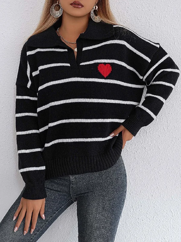 V - Neck Women Sweater to Elongate the NecklineStriped Johnny Collar Long Sleeve Sweater