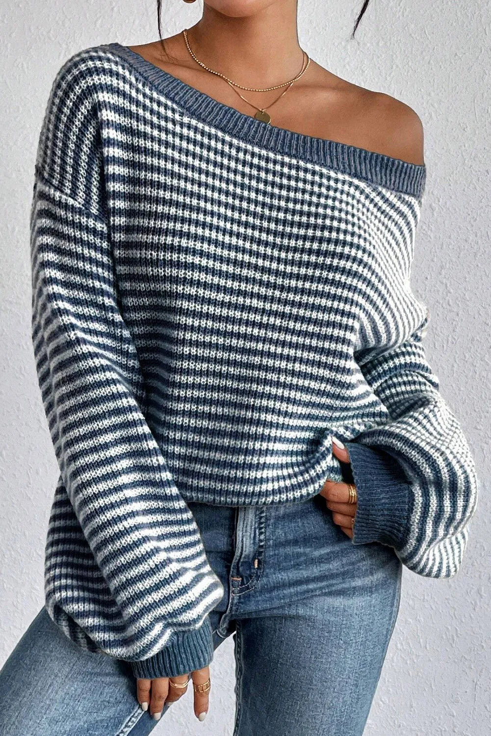 Striped Women Sweater with a Timeless PatternStriped Round Neck Dropped Shoulder Sweater