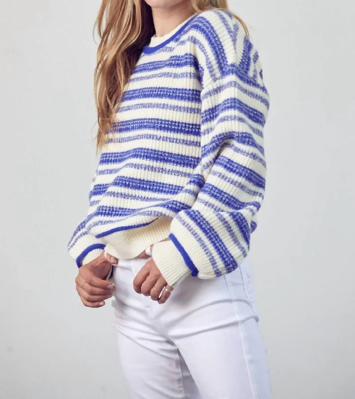 Color - Blocked Women Sweater for a Bold Fashion StatementStriped Round Neck Sweater In Cobalt Blue