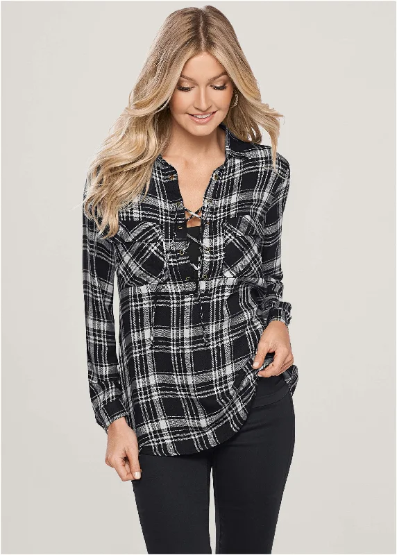 Oversized Women Sweater for a Cozy and Fashionable LookPlaid Lace-Up Top - Black Multi