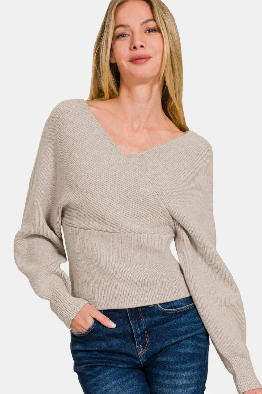 Lightweight Women Sweater for Spring and FallZenana Cross Wrap Rib Long Sleeve Sweater