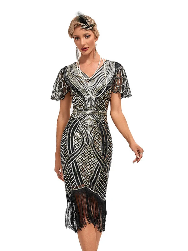 Maxi Women Dress with Floral Print for a Bohemian Vibe1920s Cap Sleeves Tassel Sequined Dress