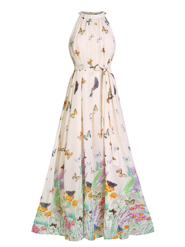 Strapless Women Dress with a Built - in Bra for Comfort and Support1930s Floral Butterfly Vintage Maxi Dress