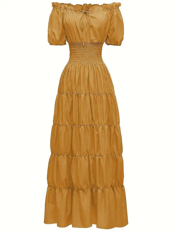 Halter Neck Women Dress to Show Off the Shoulders and Neckline1930s Solid Off-Shoulder Smocked Puff Sleeves Dress