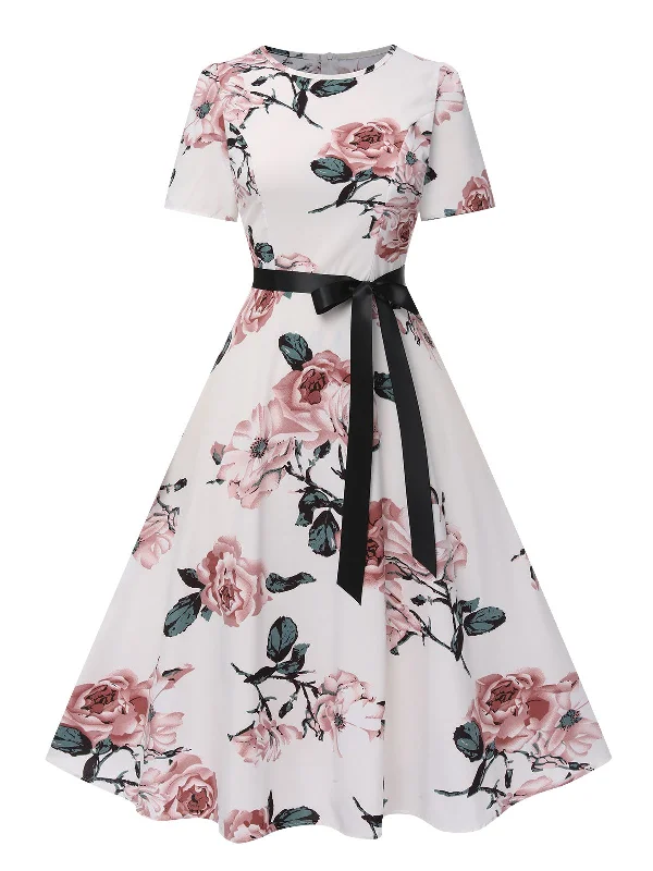 Mermaid - Style Women Dress with a Fitted Silhouette for Special Occasions1950s Floral Bow Short Sleeve Swing Dress