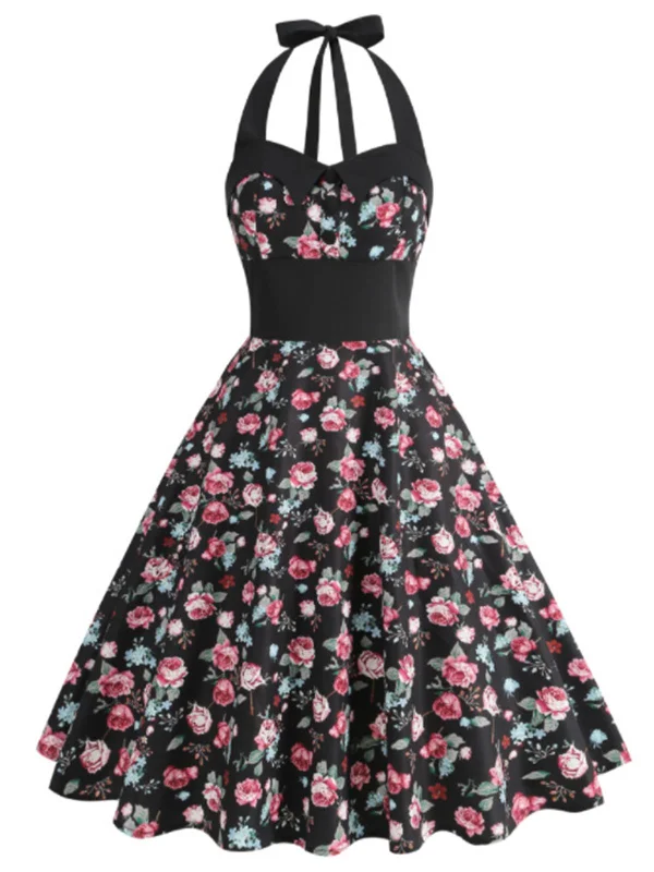 Off - the - Shoulder Women Dress for a Romantic and Feminine Look1950s Halter Roses Swing Dress