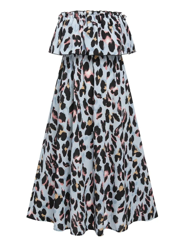 Pleated Women Dress with a Timeless and Elegant Texture1950s Strapless Leopard Colorblock Ruffles Dress