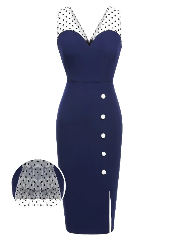 Sheath Women Dress with a Tailored Fit for a Professional LookDark Blue 1960s Patchwork Pencil Dress