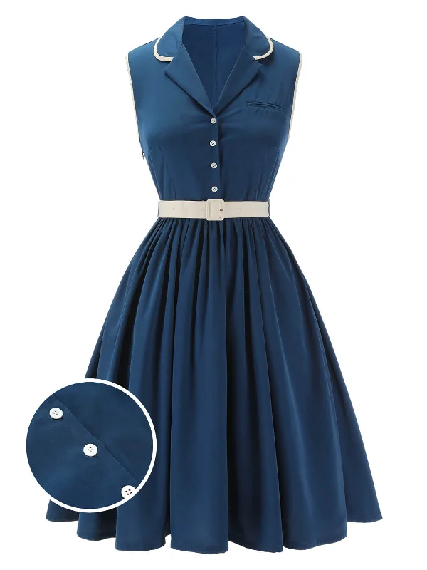 Ball Gown Women Dress with a Full Skirt for a Princess - like Look1960s Navy Blue Sleeveless Lapel Dress