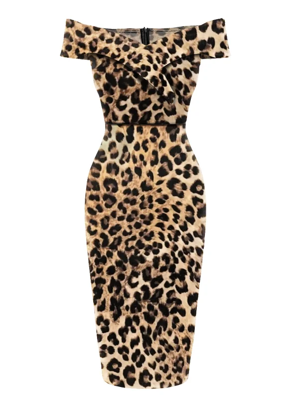 Sleeveless Women Dress in Bright Colors for Summer Parties1960s Off-shoulder Leopard Pencil Dress