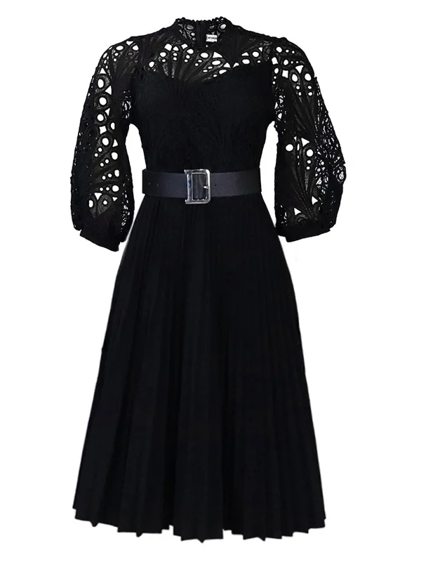 Halter Neck Women Dress to Show Off the Shoulders and Neckline1960s Solid Lace Crochet Pleated Belted Dress