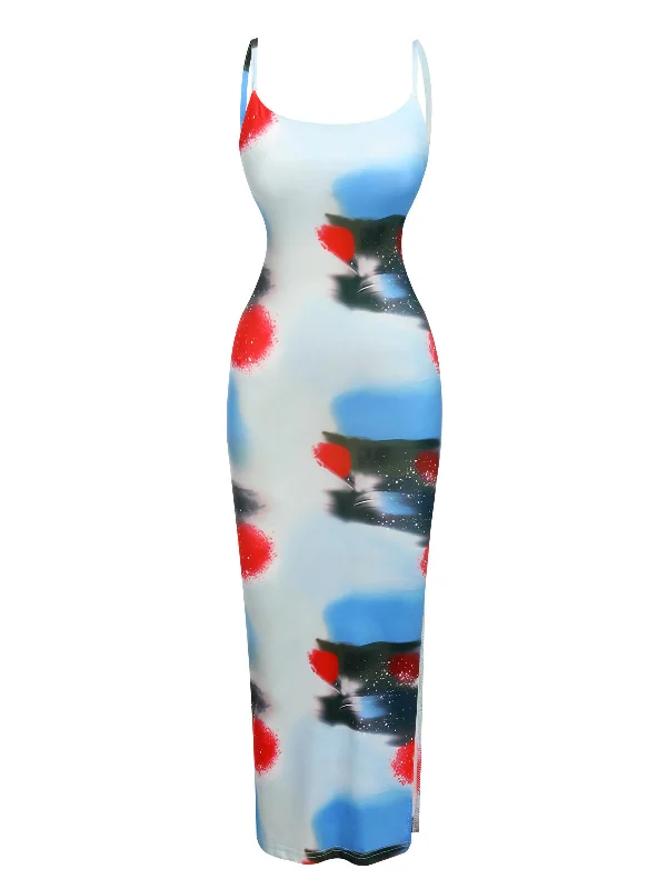 Mermaid - Style Women Dress with a Fitted Silhouette for Special Occasions1960s Spaghetti Strap Contrast Print Dress