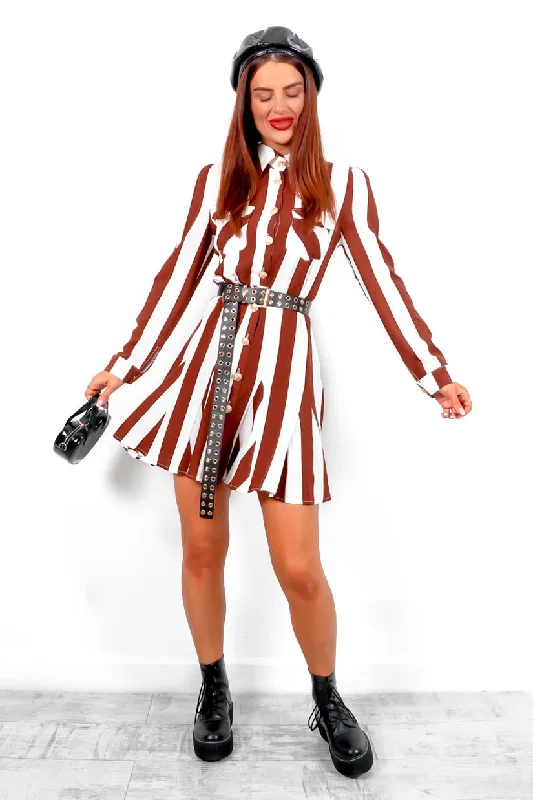 Lace - Embellished Women Dress for an Elegant and Sophisticated AppearanceAlways Chic - Brown Cream Striped Mini Shirt Dress