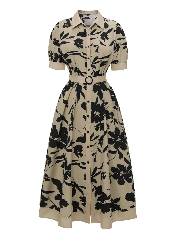 Sheath Women Dress with a Tailored Fit for a Professional LookBeige 1940s Shirt-Collar Buttons Floral Printed Dress