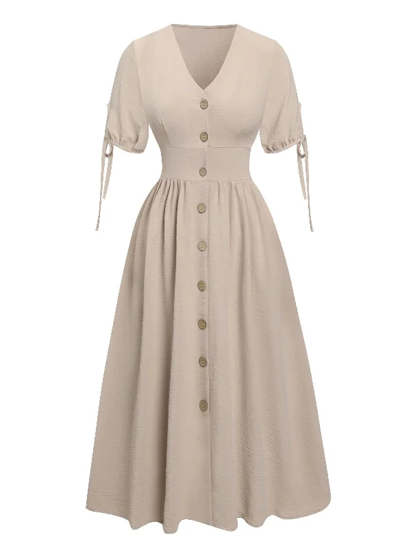 Plus Size Women Dress with a Flattering A - Line Cut for Comfort and StyleBeige 1940s Solid V-Neck Buttons Dress