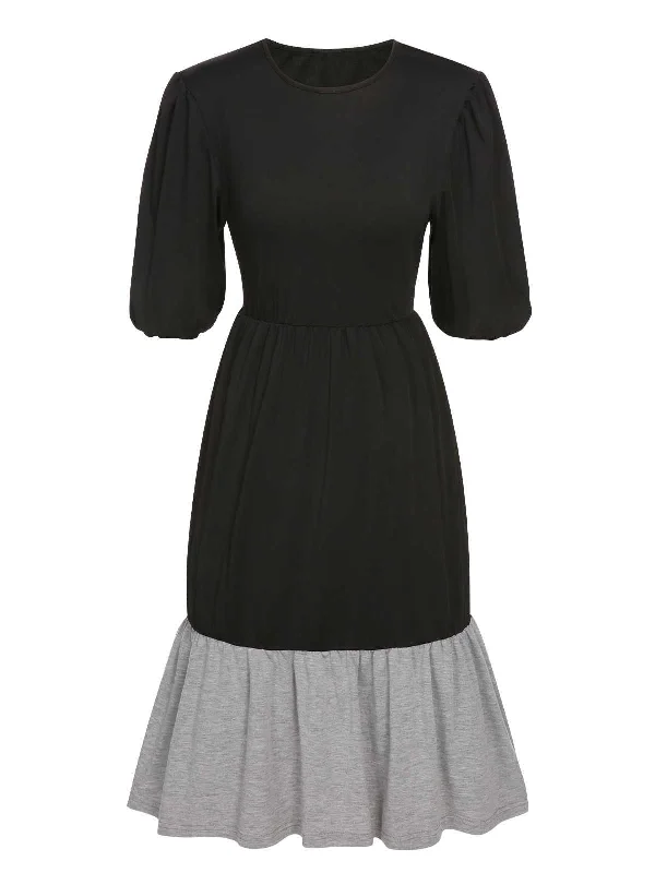 Empire Waist Women Dress to Accentuate the Bust and Conceal the WaistBlack 1930s Patchwork Lantern Sleeve Dress