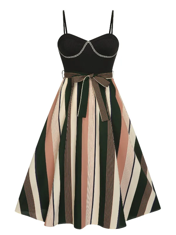 Shift Women Dress with a Simple and Classic Design for Everyday WearBlack 1940s Waist Tie Stripe Straps Dress