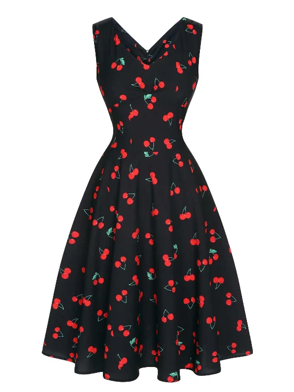 Mermaid - Style Women Dress with a Fitted Silhouette for Special OccasionsBlack 1950s Cherry Sleeveless Dress