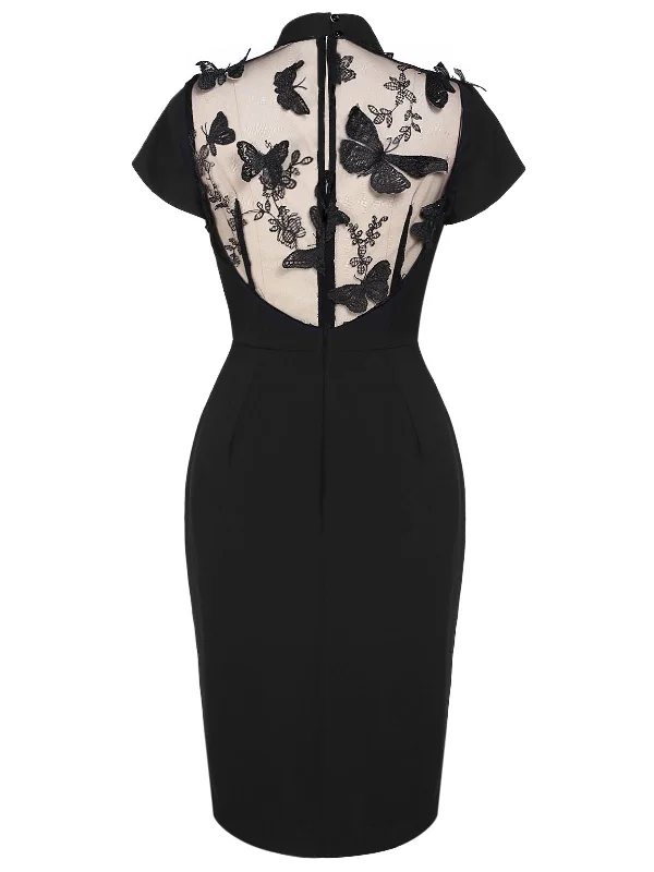 Plus Size Women Dress with a Flattering A - Line Cut for Comfort and StyleBlack 1960s Butterfly Backless Pencil Dress