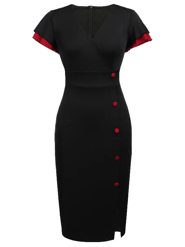 Halter Neck Women Dress to Show Off the Shoulders and NecklineBlack 1960s Button Slit Bodycon Dress