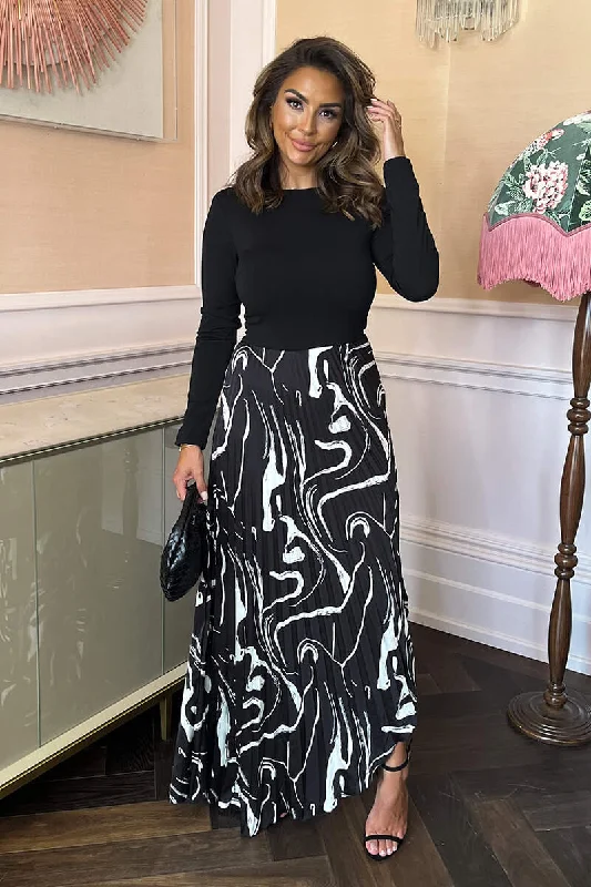 Little Black Women Dress with Sequins for a Glamorous Night OutBlack Abstract Stripe Print 2 in 1 Long Sleeve Pleated Skirt Midi Dress