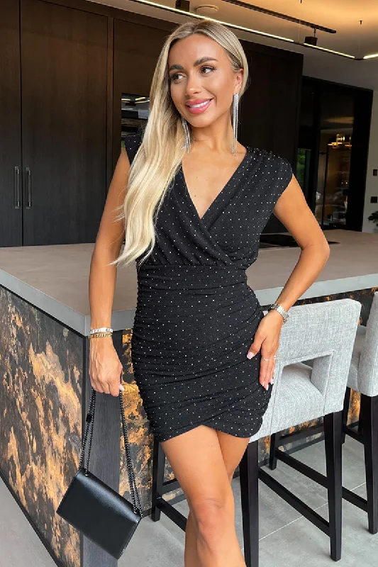 Lace - Embellished Women Dress for an Elegant and Sophisticated AppearanceBlack Diamante Sparkle Wrap Top Ruched Skirt Mini Dress