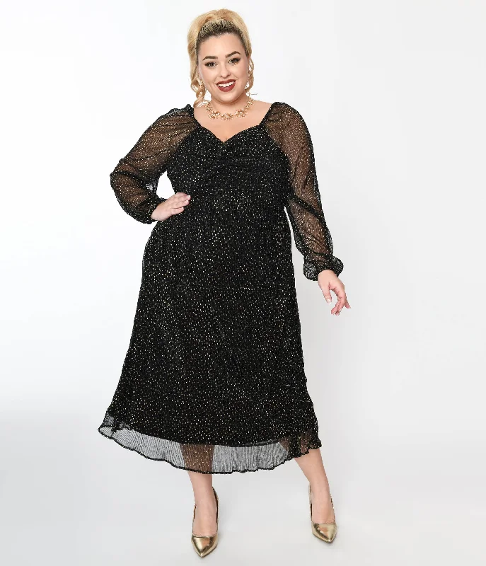 Plus Size Women Dress with a Flattering A - Line Cut for Comfort and StyleBlack & Gold Foil Pin Dot Pleated Midi Dress